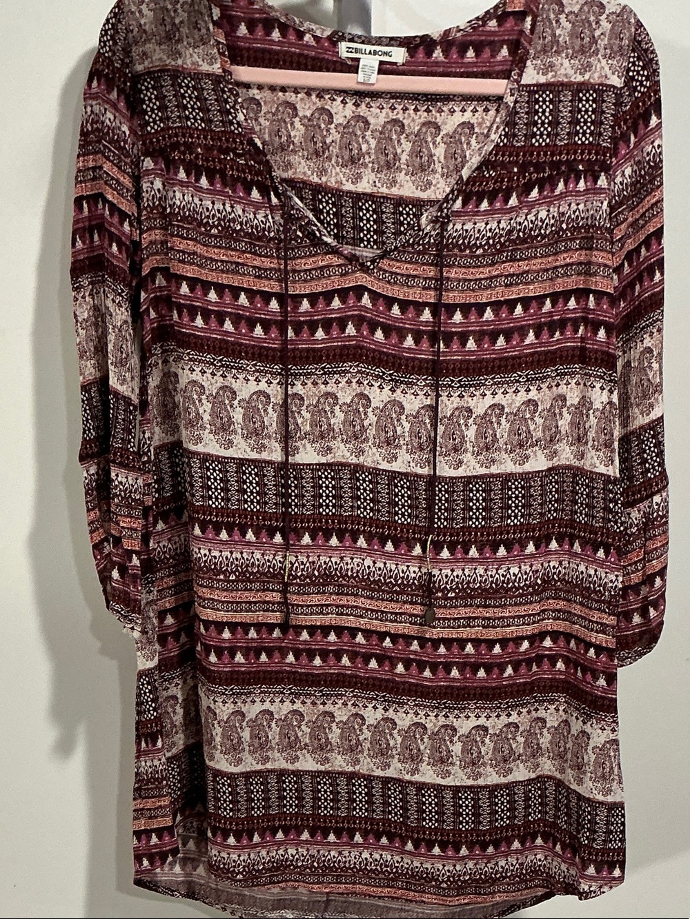 Billabong Women's Burgundy Pink Patterned Peasant Tunic - Picture 3 of 6